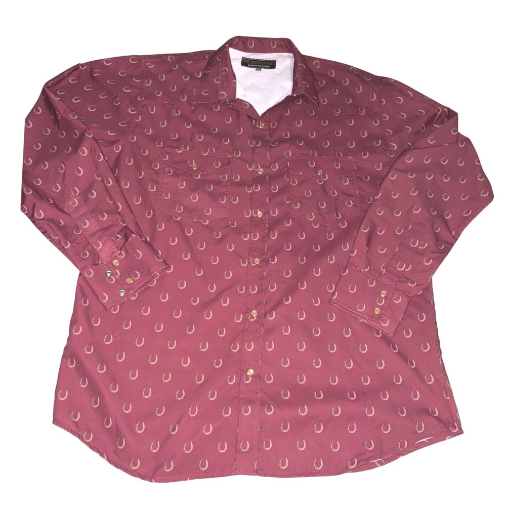 The American West Men XXL Shirt Maroon Burgundy Gold Horseshoe Pattern Western